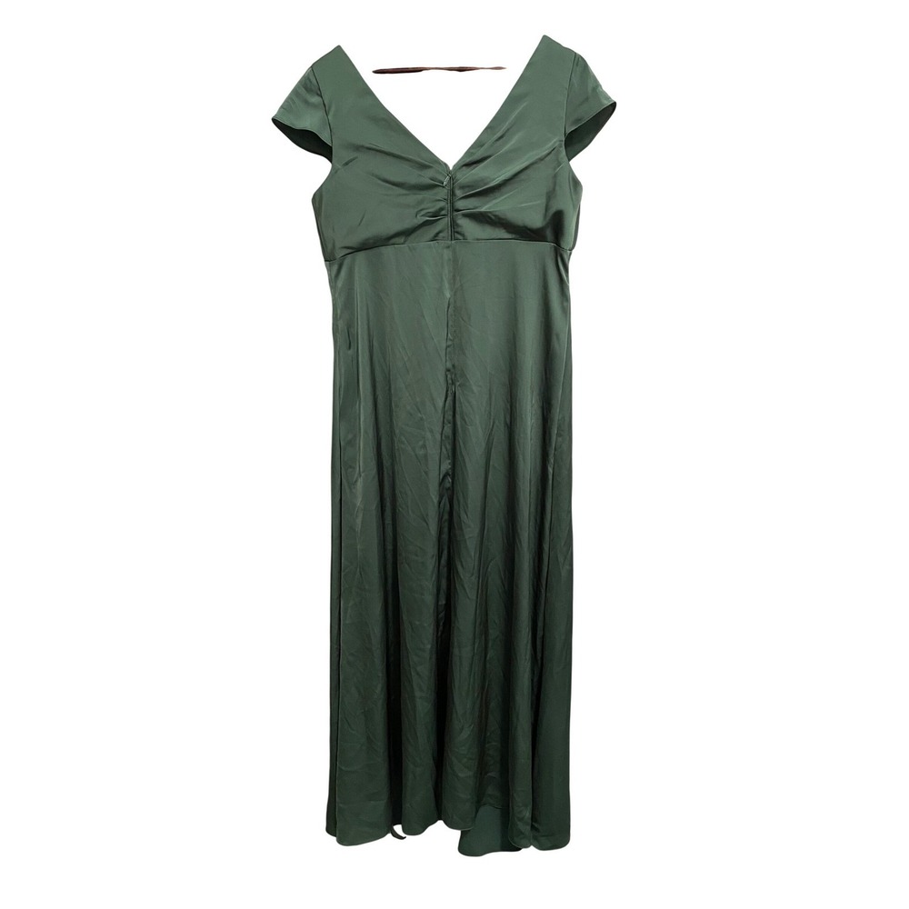 Azazie Green Satin Formal Cap Sleeve Maxi Dress 18 Wedding Guest Bridesmaid Gala - Picture 3 of 13